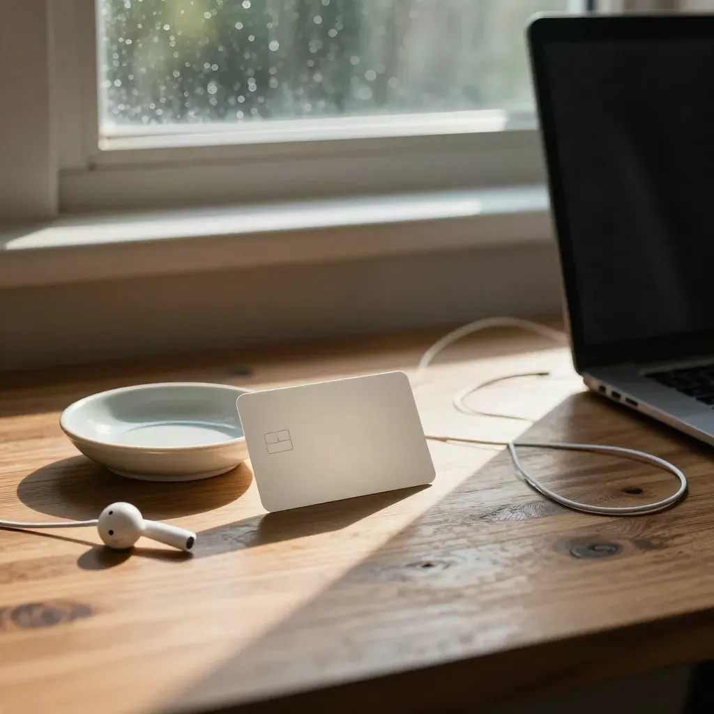 Dorm desk with student bank card, earbuds, closed laptop, and ceramic dish by rainy window.