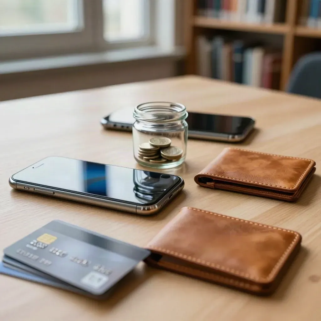 Three student banking setups with cards, phones, jars and wallets on a sunlit library table