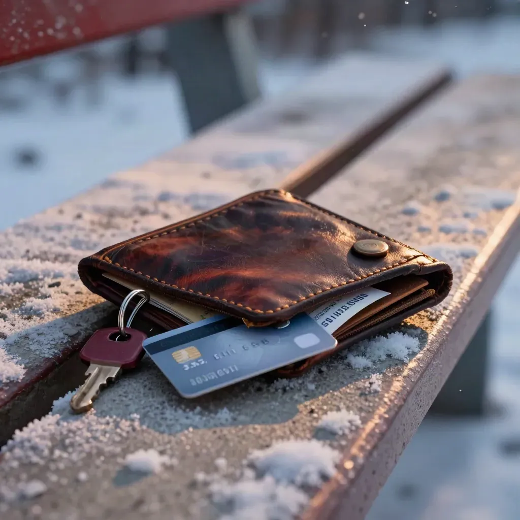 Snow-dusted wallet with debit card, keys, and transit pass on a concrete bench