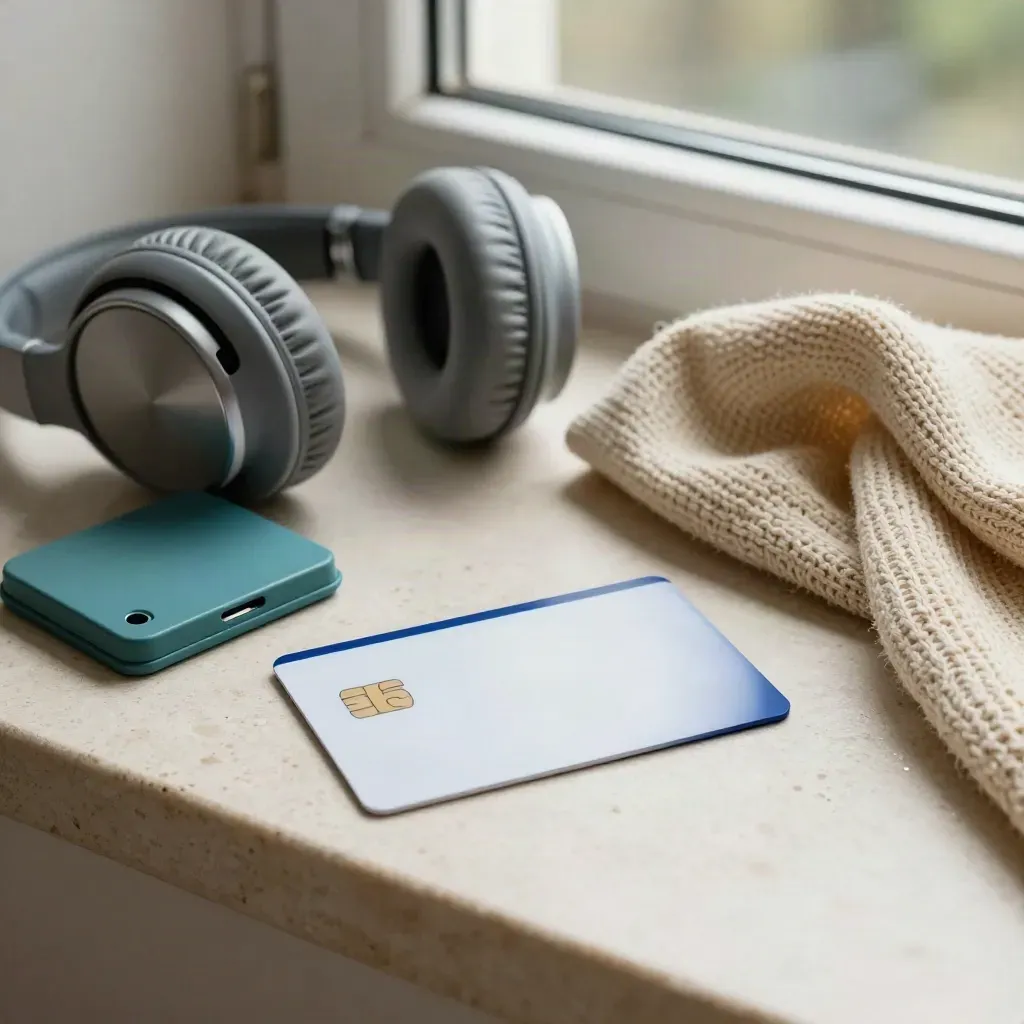 No-fee debit card with transit fare holder, headphones and folded knit on a window counter.