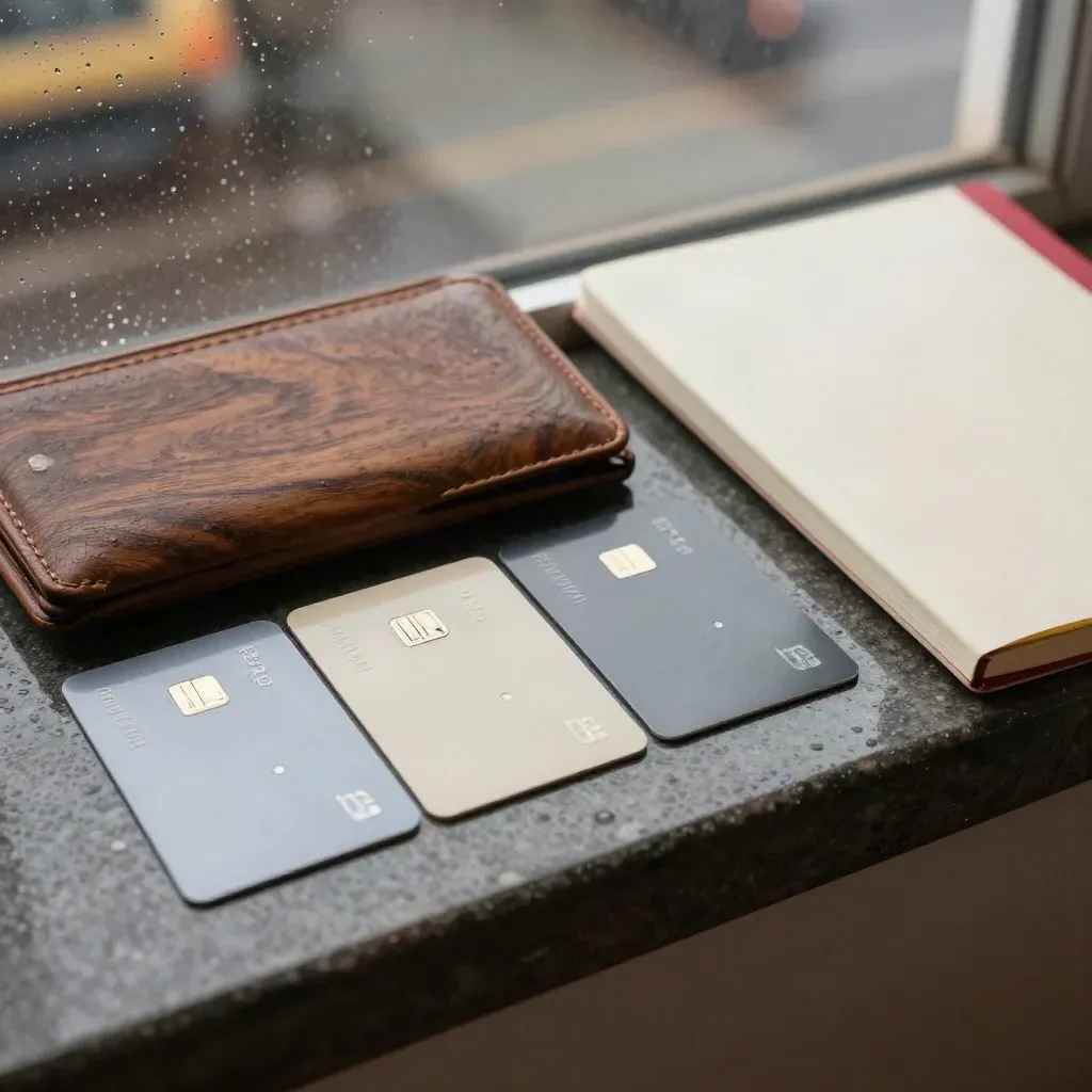 Three student bank cards, a slim wallet and a folded notebook on a rain-dark sill.