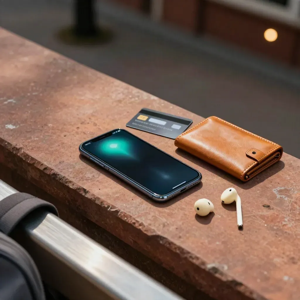 Top-down phone, card, earbuds, and wallet on terracotta stone with a teal alert glow.