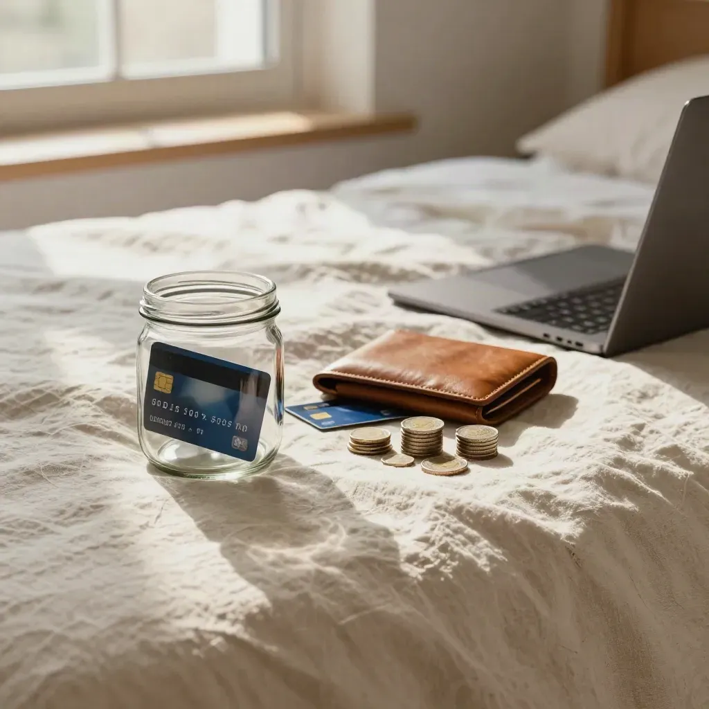 Savings jar, debit card, wallet, and closed laptop on a bed edge in warm afternoon light.