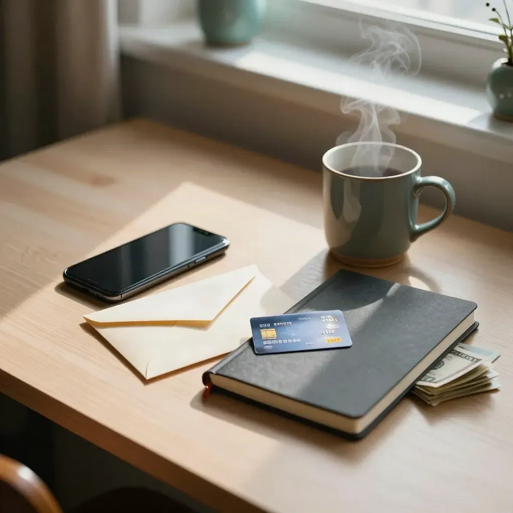 Overhead student desk with debit card, phone, envelope, notebook, mug, and steam in morning light.