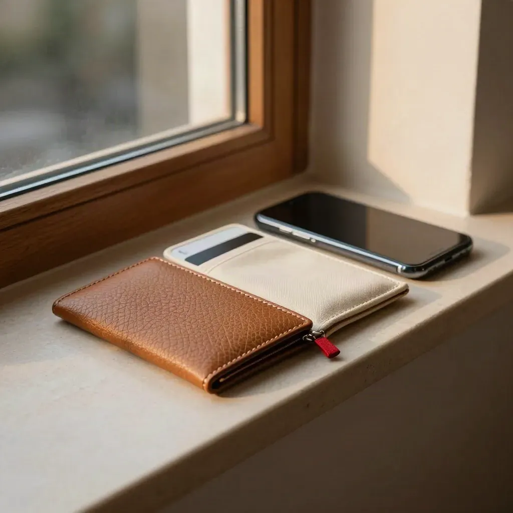 Wallet, blank card holder, phone, and small pouch on a warm entry ledge with soft window light.