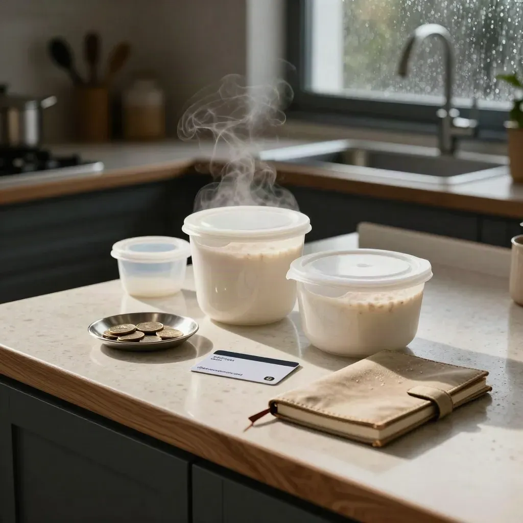White meal-prep boxes, transit card, notebook and coins on a rain-lit kitchen counter.