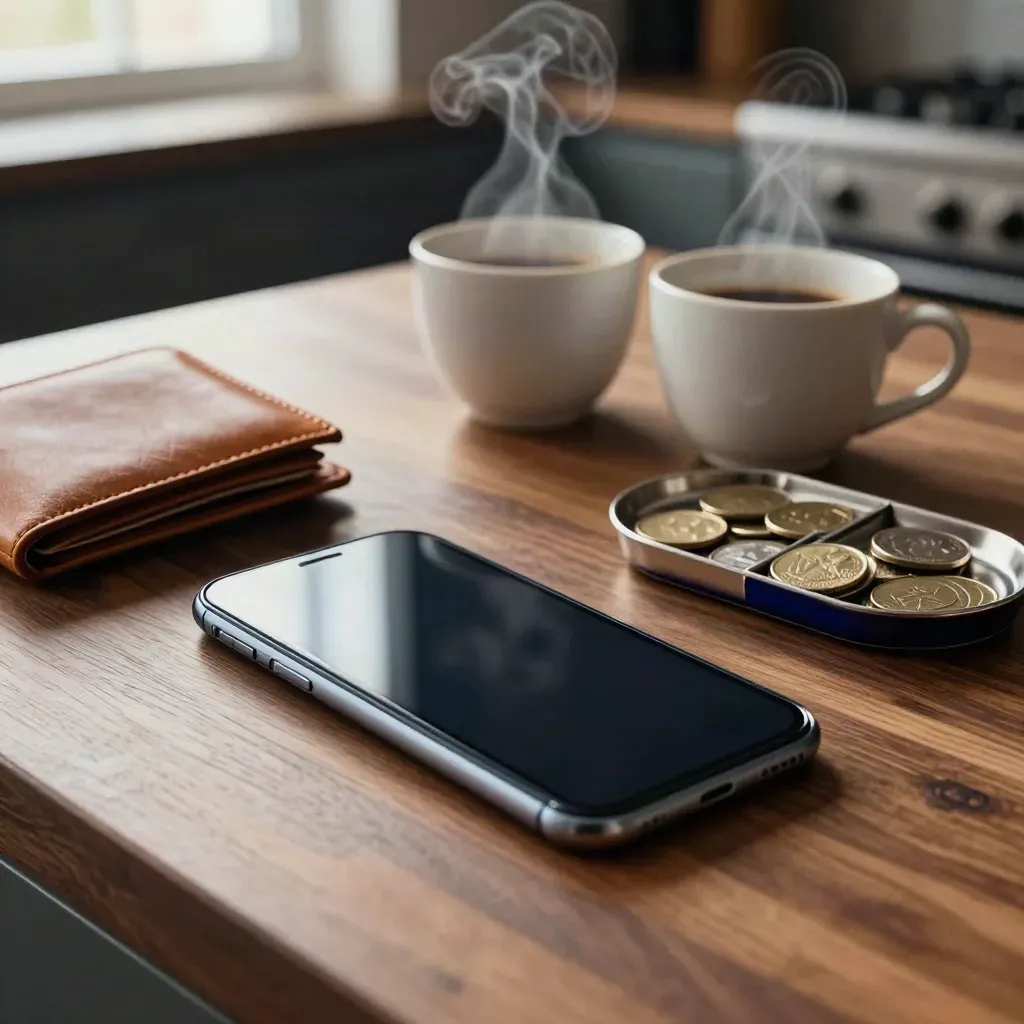 Glowing phone, wallet, steaming coffee cups and coin tray on a kitchen island.