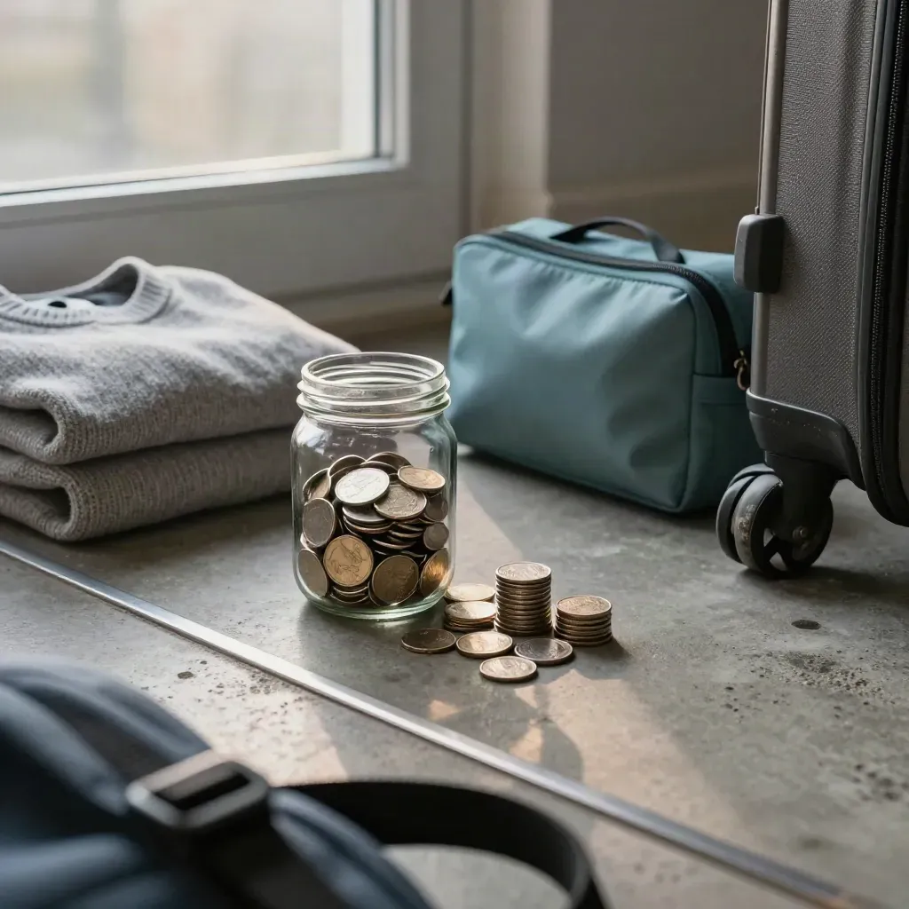 Savings jar, sweater, teal pouch and suitcase wheel on a dawn-lit floor.