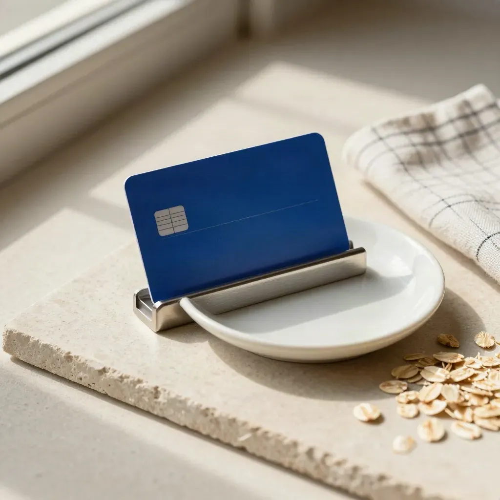 Blue student chequing card in brushed metal holder with dish and folded cloth on stone