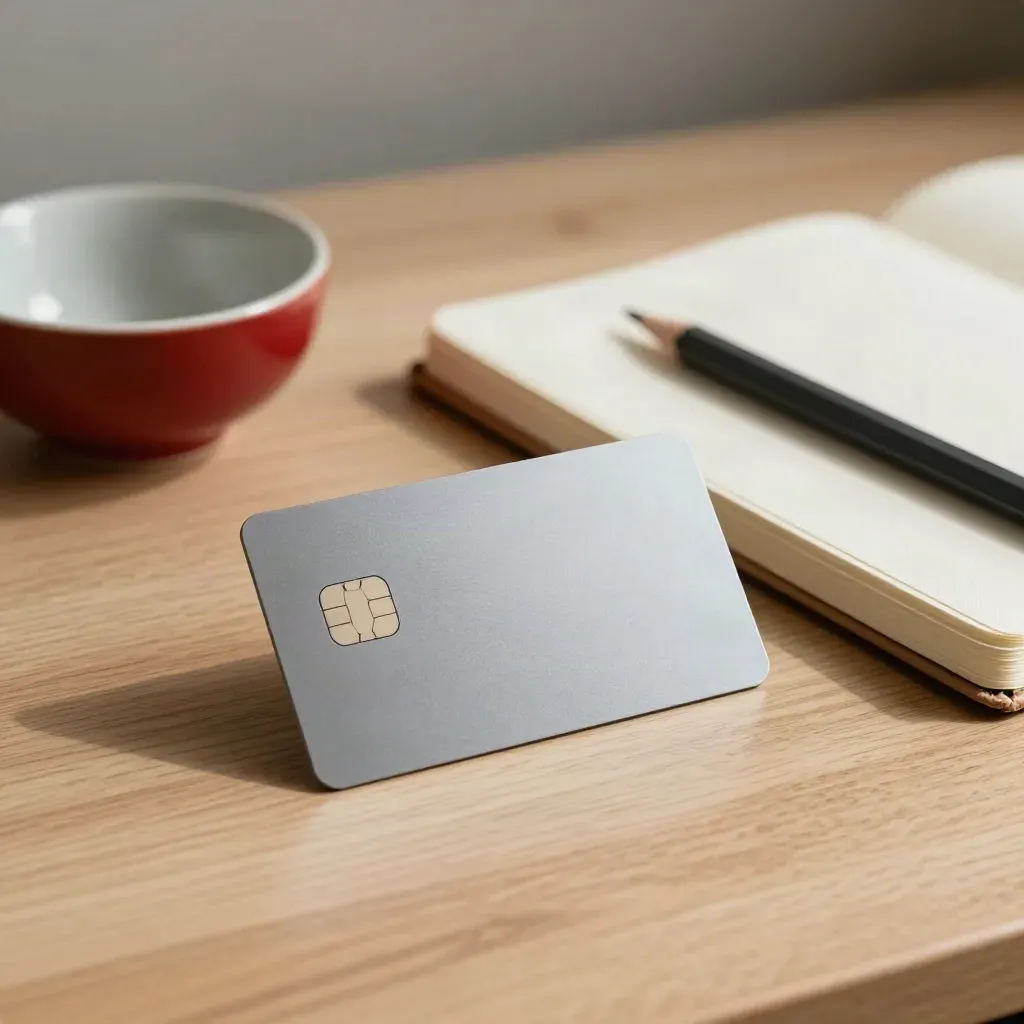 Secured credit card beside notebook, pencil stub and ceramic bowl on a pale wood desk.