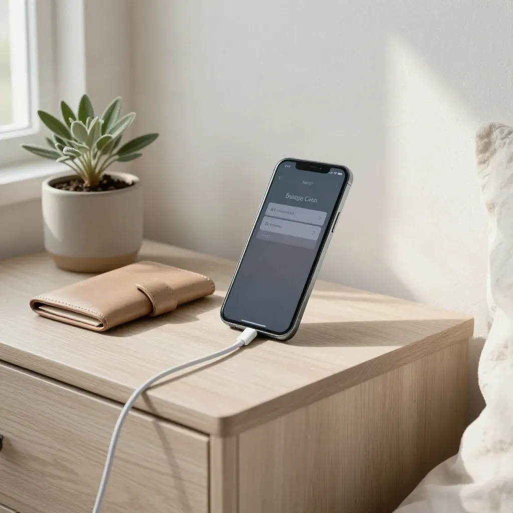 Phone charging beside wallet and tiny plant on a bedside table, softly glowing.